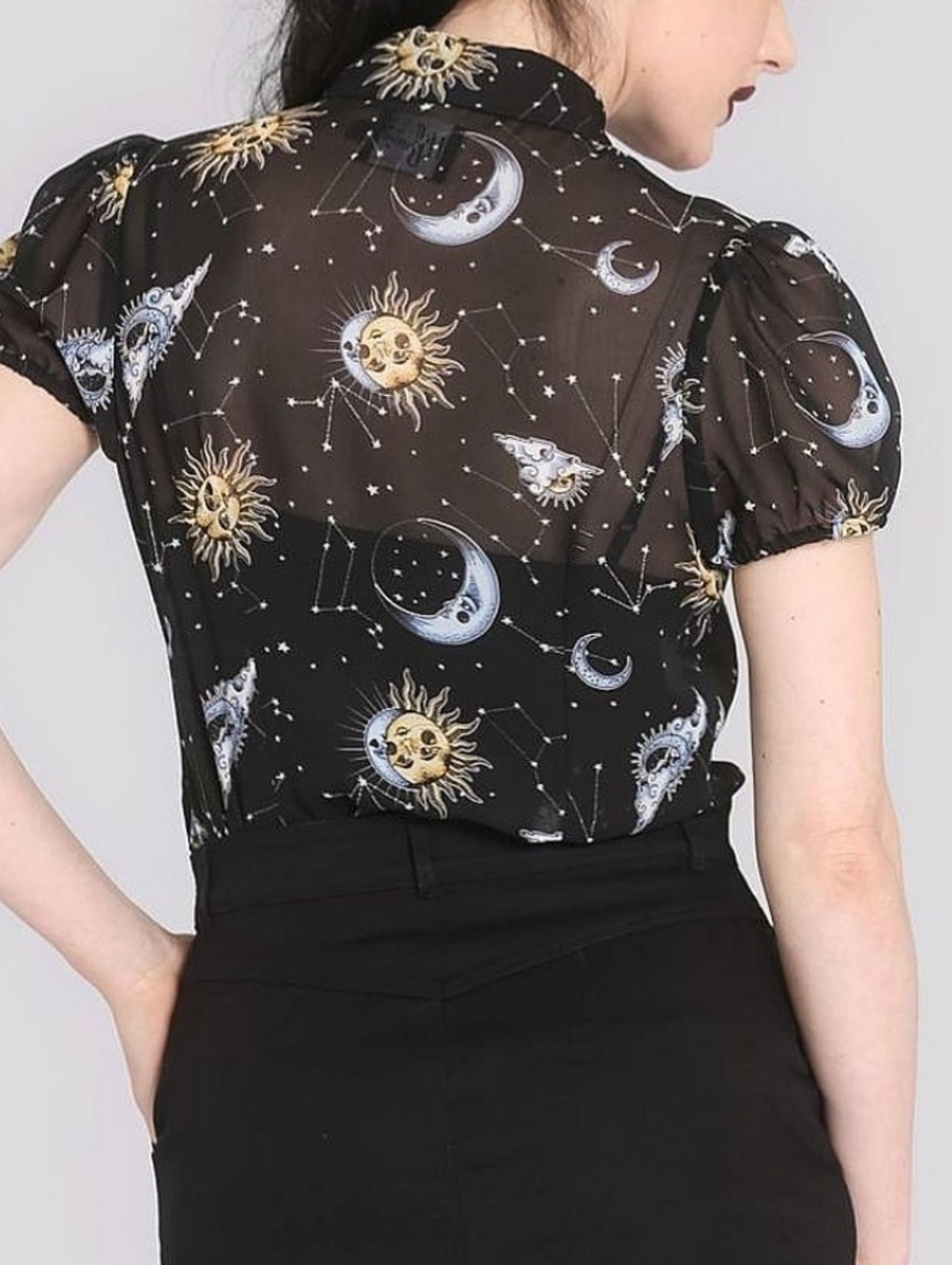 Hell Bunny Black Sheer Celestial Button-Up Blouse/Size Small